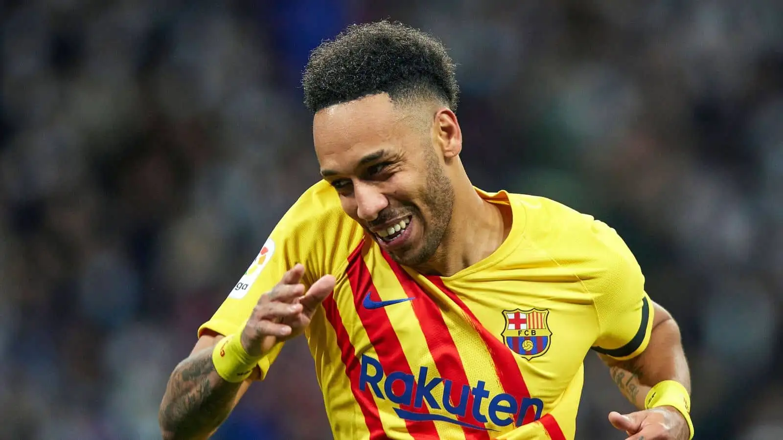 Pierre-Emerick Aubameyang of FC Barcelona during the La Liga match between Real Madrid and FC Barcelona played at Santiago Bernabeu Stadium