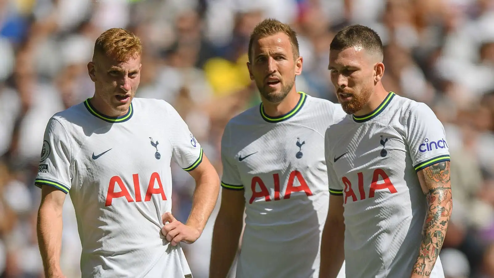 Tottenham players Dejan Kulusevski, Harry Kane and Pierre-Emile Hojbjerg