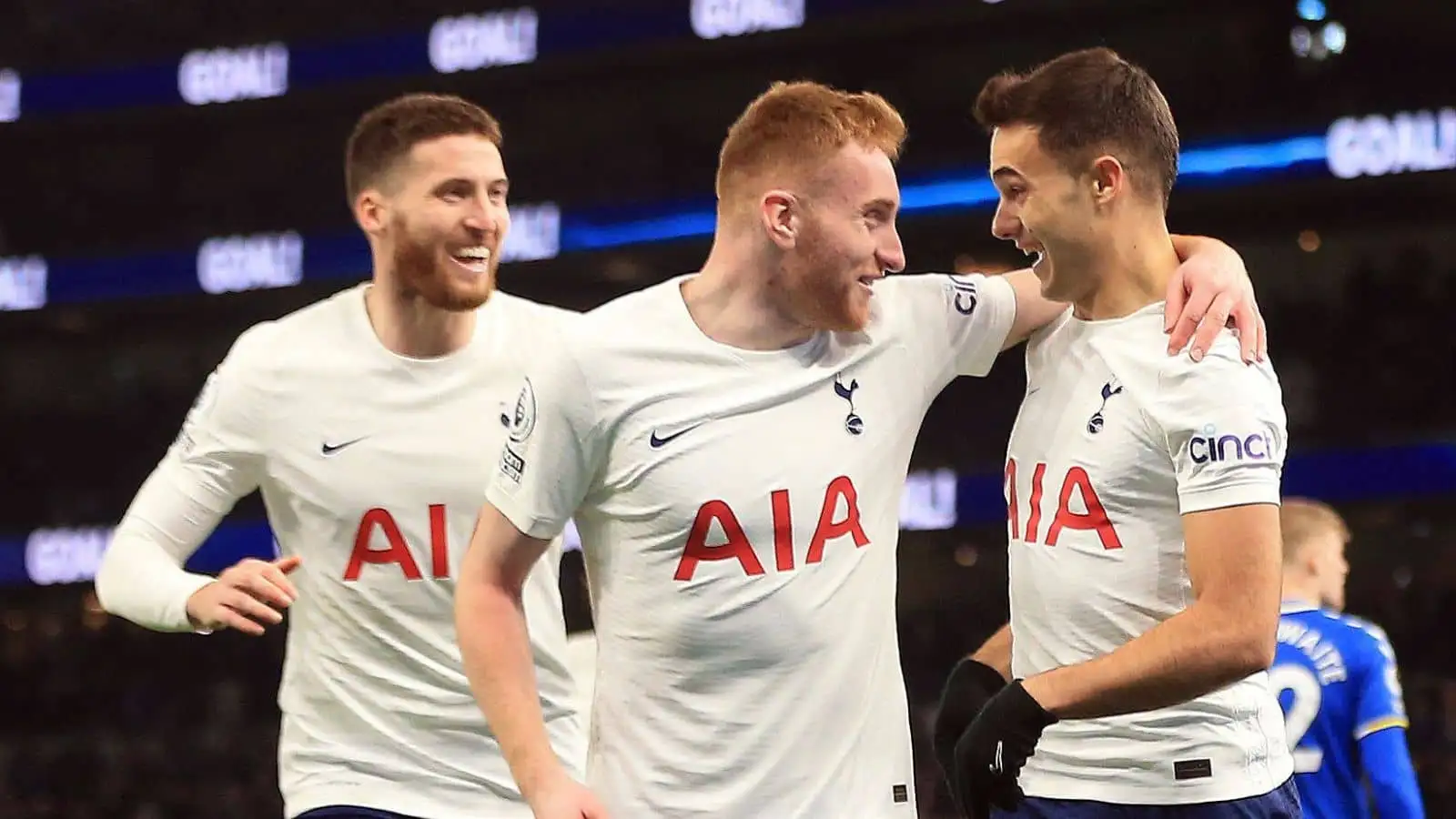 Matt Doherty and Dejan Kulusevski celebrating with Sergio Reguilon for Tottenham Matt Doherty and Dejan Kulusevski celebrating with Sergio Reguilon