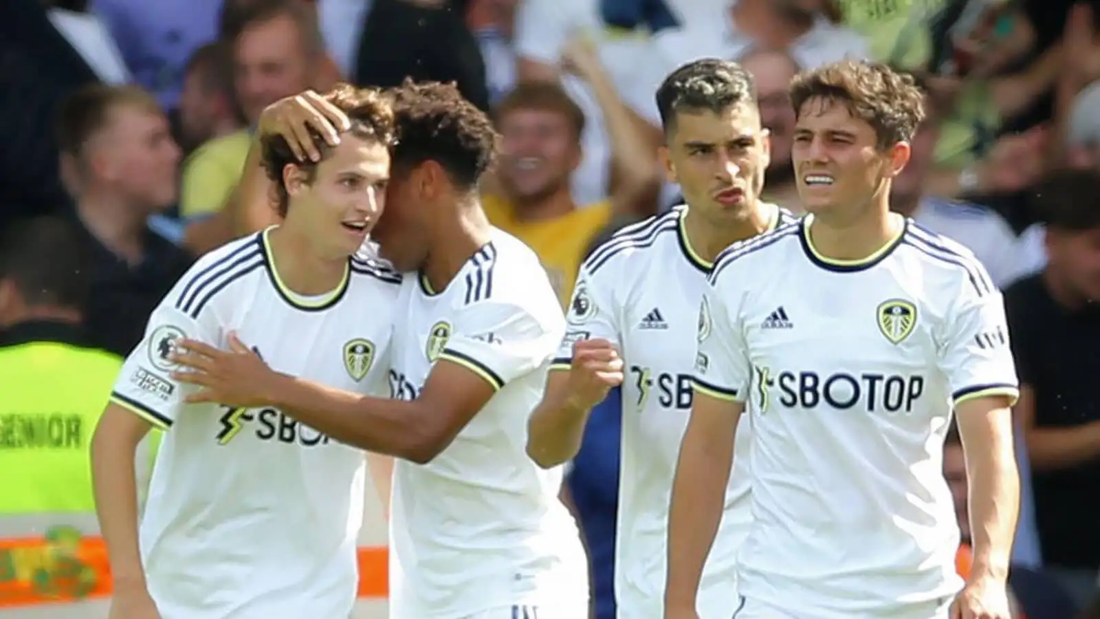 Leeds players celebrate Brenden Aaronson goal