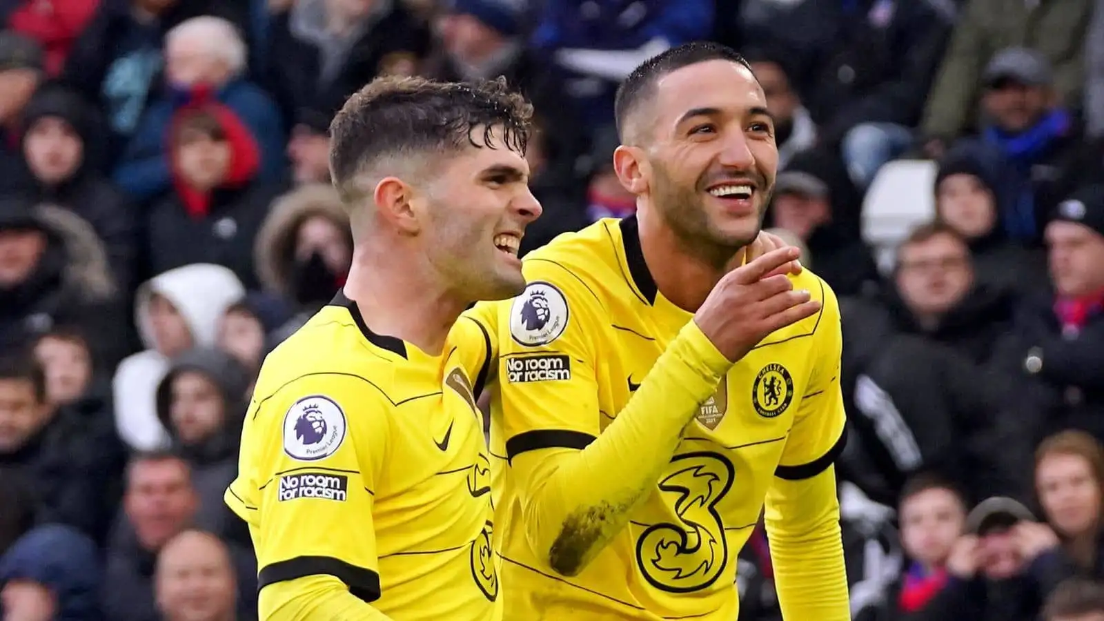 Hakim Ziyech celebrates scoring their side's first goal of the game with team-mate Christian Pulisic before it is ruled out by VAR during the Premier League match at Selhurst Park, London