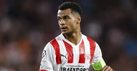 Cody Gakpo of PSV Eindhoven during the UEFA Champions League play-off match between PSV Eindhoven and Rangers FC at Phillips Stadium