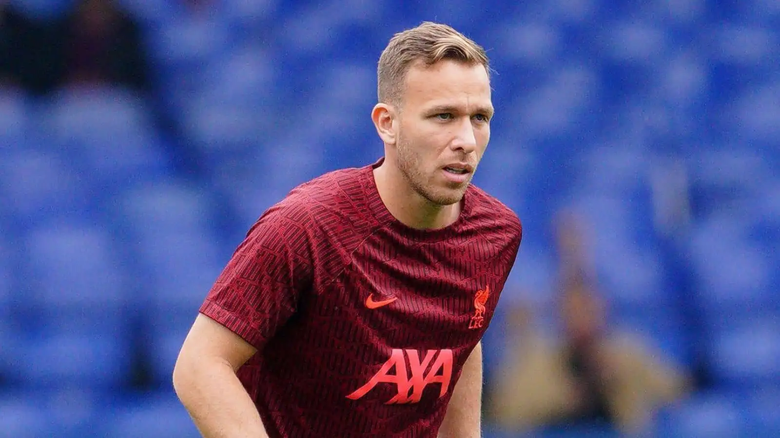 Arthur Melo, LIverpool midfielder, warms up at Goodison Park, before Premier League game v Everton