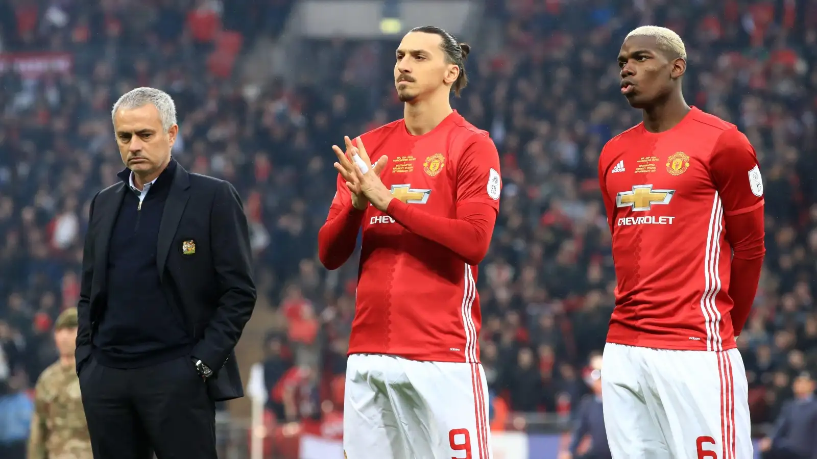Manchester United manager Jose Mourinho stands alongside latan Ibrahimovic and Paul Pogba before the 2017 League Cup final.