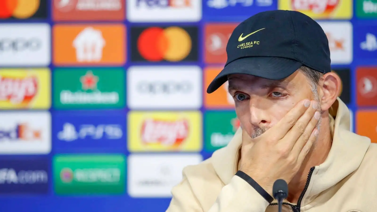 Thomas Tuchel speaks to the media during a Chelsea Press Conference ahead of their UEFA Champions League Group E match against Dinamo Zagreb at Maksimir Stadion