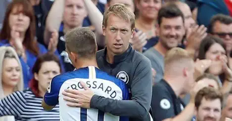 Leandro Trossard hugs Brighton and Hove Albion manager Graham Potter as he is substituted off during Premier League game v West Ham