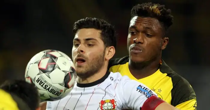 Dan-Axel Zagadou of Dormtund, (right), and Kevin Volland of Leverkusen are seen in action during the German Bundesliga soccer match