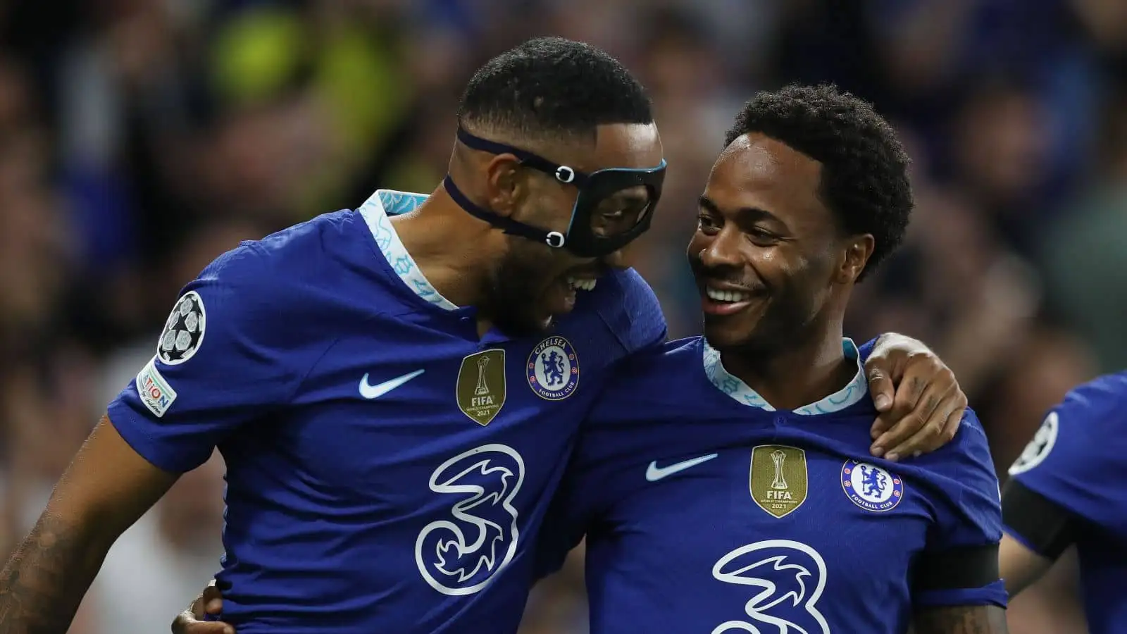 Pierre-Emerick Aubameyang, Raheem Sterling of Chelsea after scoring the opening goal during the UEFA Champions League match at Stamford Bridge