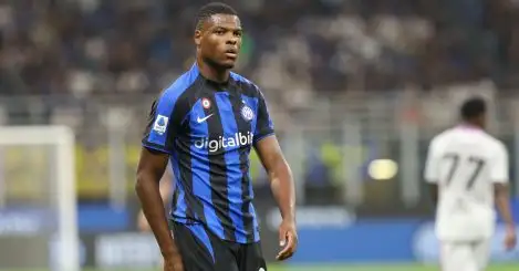 Denzel Dumfries playing for Inter Milan in a Serie A game against Cremonese. San Siro, August 2022..