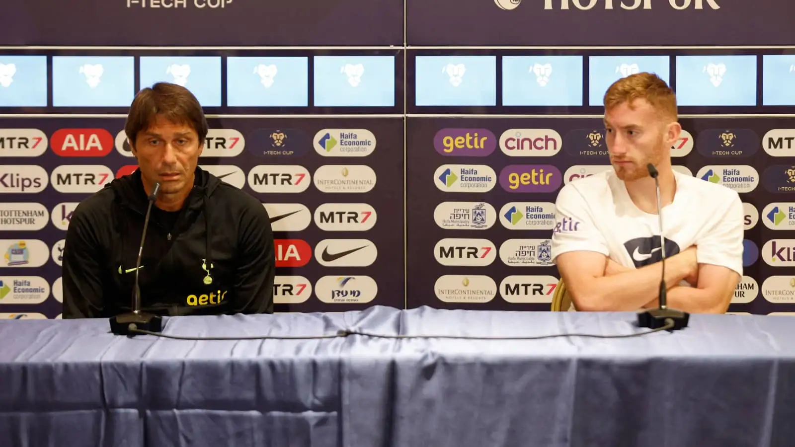 Tottenham manager Antonio Conte and winger Dejan Kulusevski speaking at a press conference