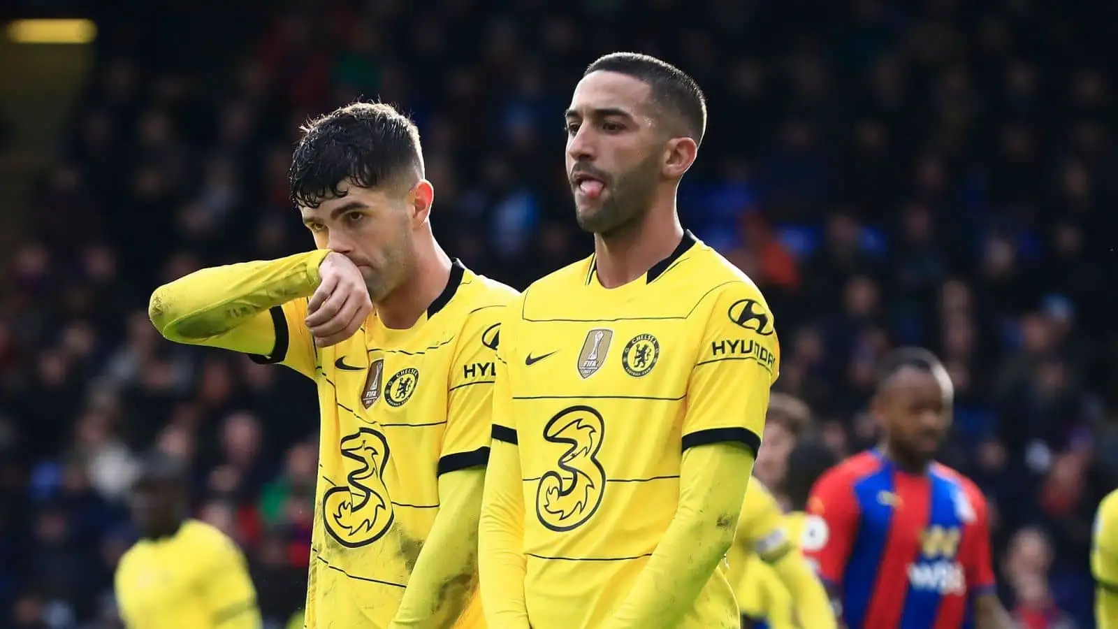 Christian Pulisic, Hakim Ziyech, Chelsea, form a defensive wall during Premier League game against Crystal Palace at Selhurst Park