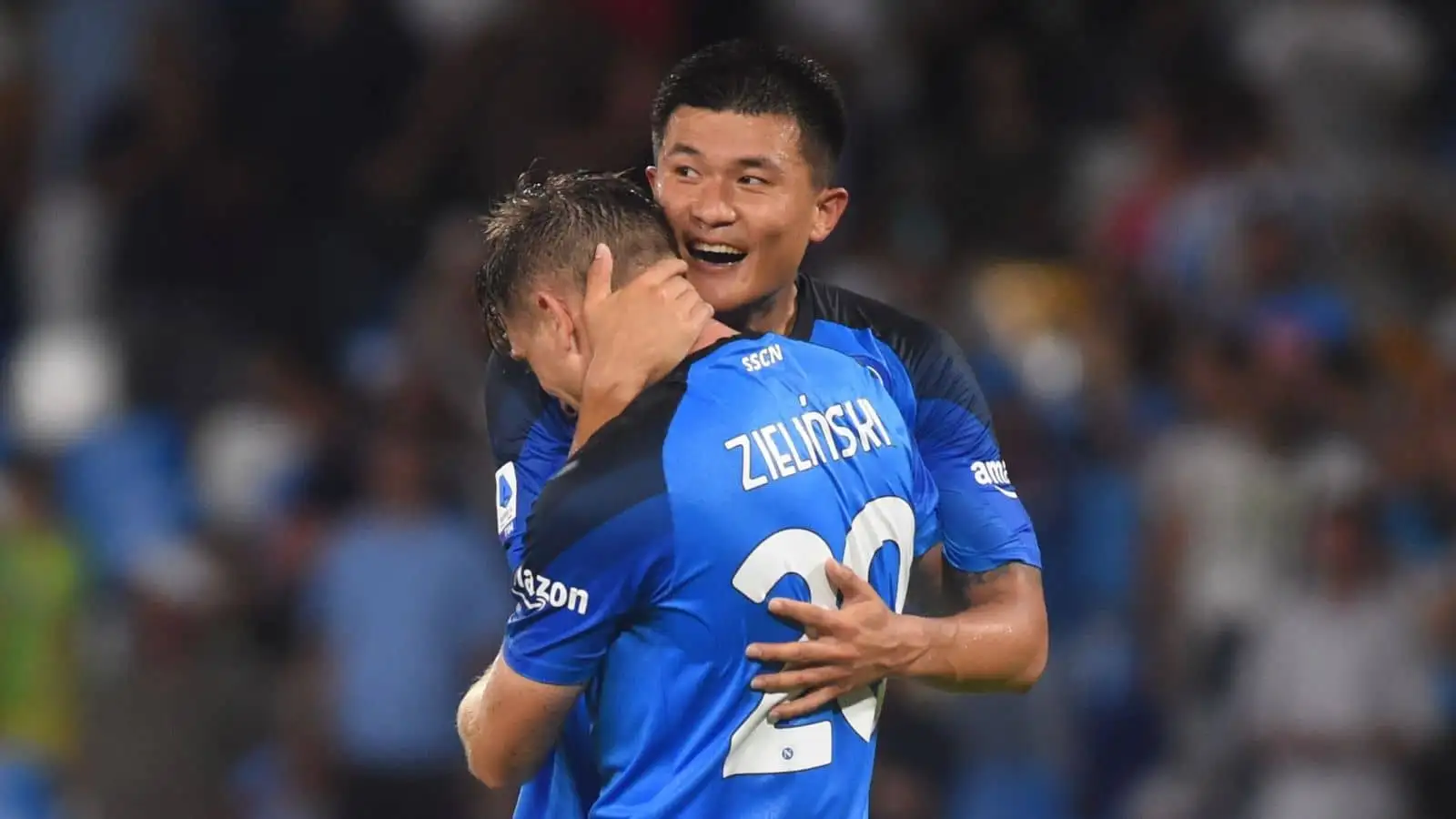 Kim Min-jae, Piotr Zielinski, Napoli celebrate a goal during Serie A game v Monza at Diego Maradona Stadium