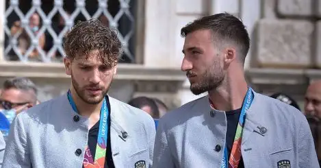 Manuel Locatelli and Bryan Cristante, Italy stars, attend the UEFA EURO 2020 trophy as players and staff of Italy's national football team arrive to attend a ceremony at the Quirinale presidential palace in Rome