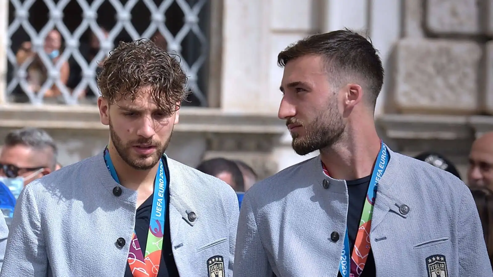 Manuel Locatelli and Bryan Cristante, Italy stars, attend the UEFA EURO 2020 trophy as players and staff of Italy's national football team arrive to attend a ceremony at the Quirinale presidential palace in Rome