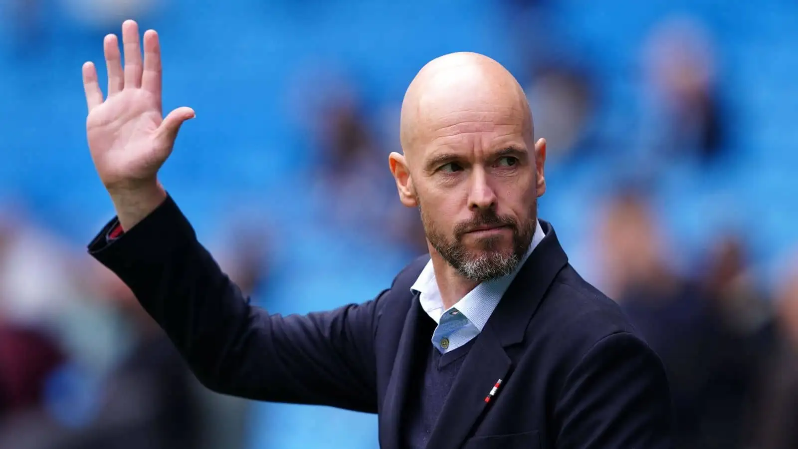 Erik ten Hag, Manchester United manager, waves to fans ahead of the Premier League match at the Etihad Stadium, Manchester