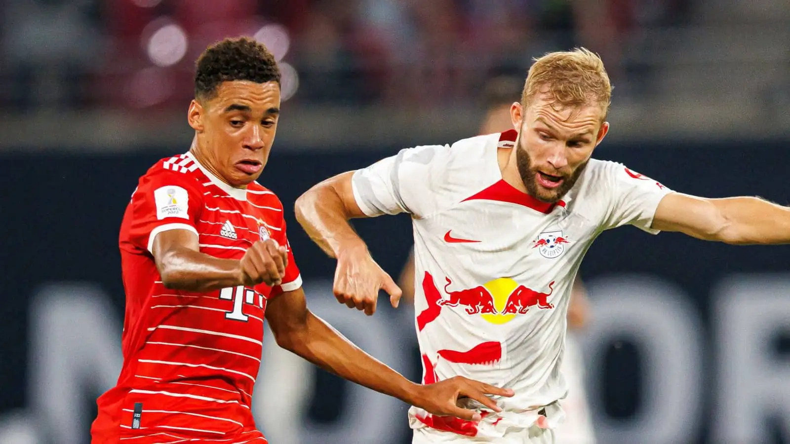 Bayern Munich midfielder Jamal Musiala battling RB Leipzig star Konrad Laimer