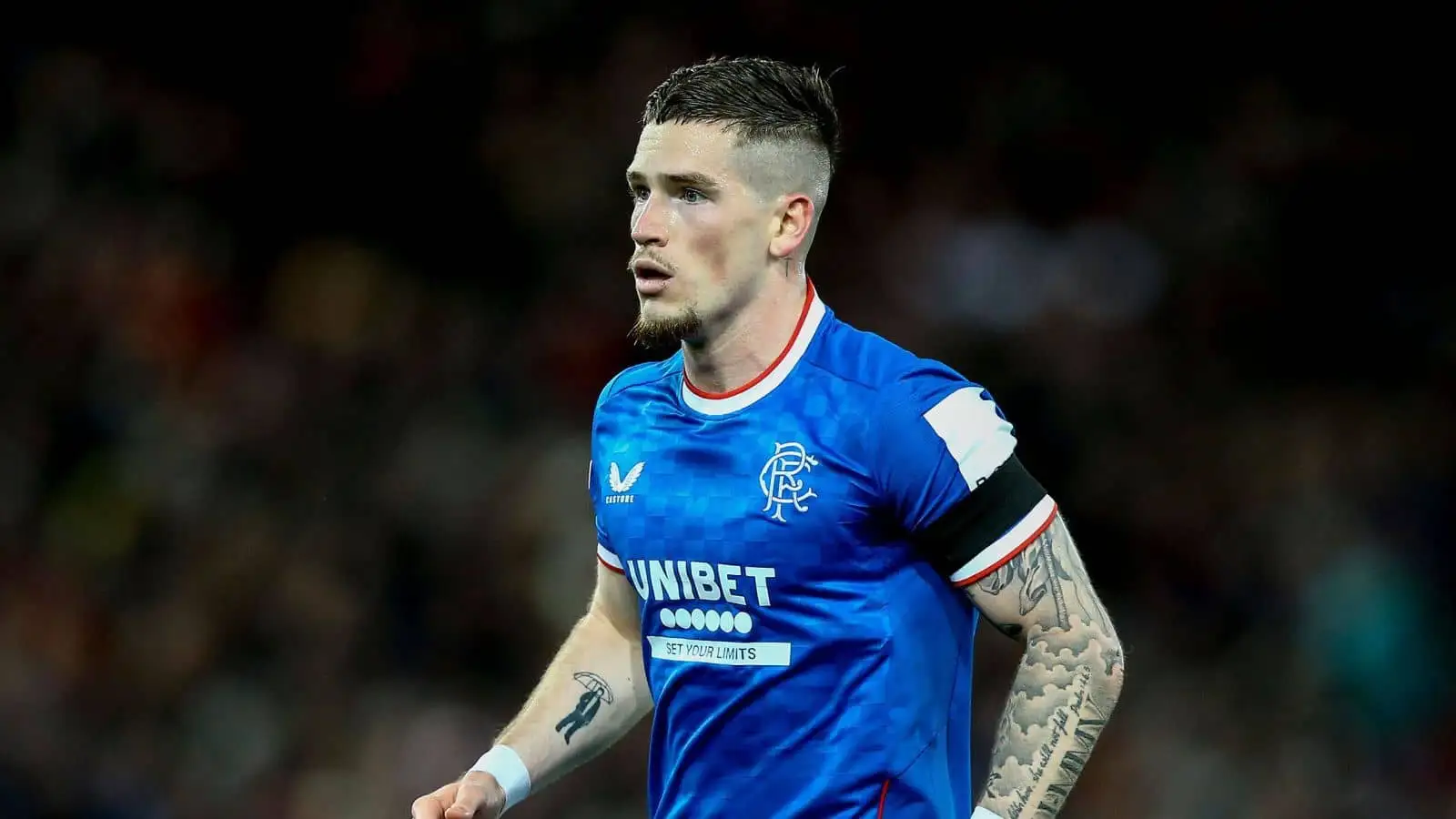 Ryan Kent of Rangers looks on. UEFA Champions league, group A match, Liverpool v Rangers at Anfield Stadium in Liverpool