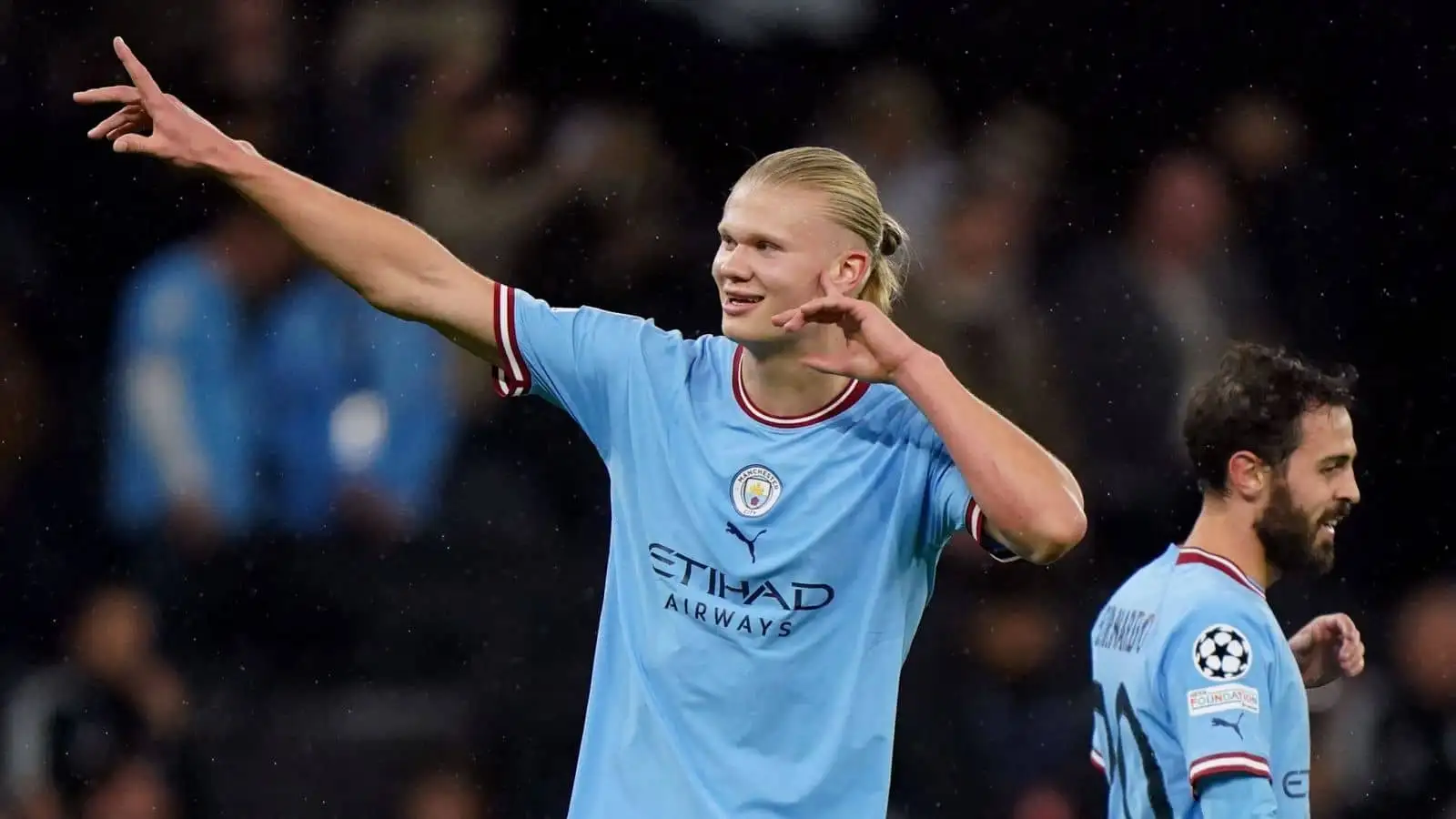 Erling Haaland celebrates scoring his second goal of the game for Manchester City during the UEFA Champions League Group G match at the Etihad Stadium, Manchester.