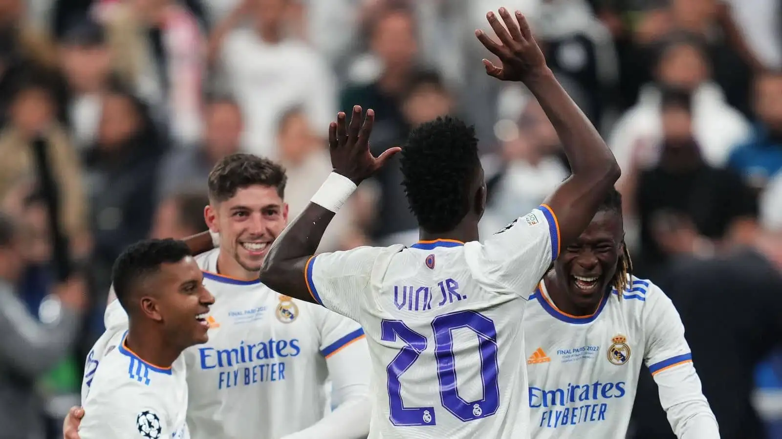 Rodrygo Goes, Fede Valverde, Vinicius Jr and Eduardo Camavinga of Real Madrid celebrating the victory at full time during the UEFA Champions League Final match between Liverpool FC and Real Madrid played at Stade de France on May 28, 2022 in Paris