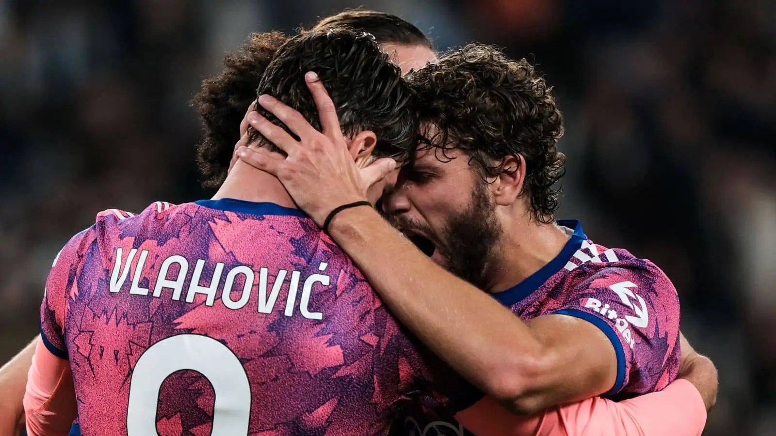 Manuel Locatelli celebrates with Dusan Vlahovic of Juventus FC after scoring the goal of 2-0 during the Serie A football match between Juventus FC and Bologna FC at Juventus stadium in Torino