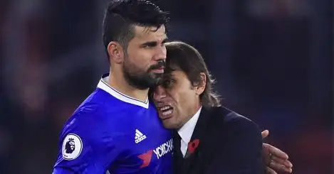 Chelsea's Diego Costa is embraced by manager Antonio Conte