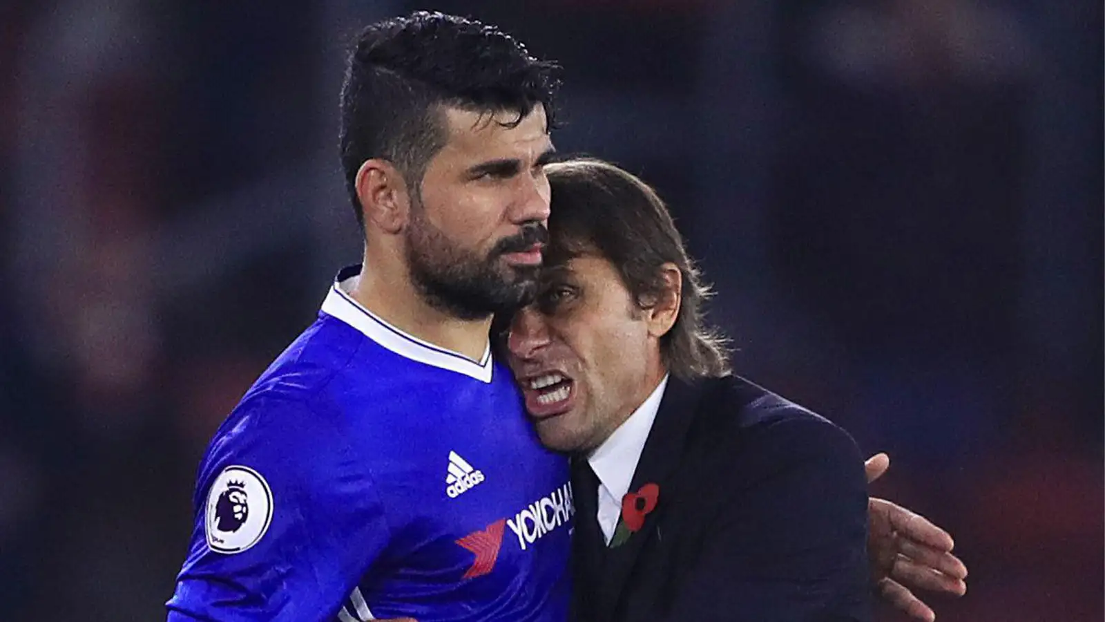 Chelsea's Diego Costa is embraced by manager Antonio Conte