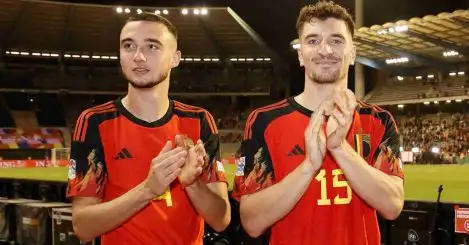 Zeno Debast and Thomas Meunier celebrating with Belgium