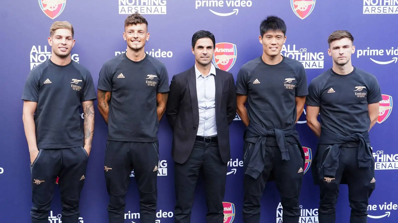 Arsenal manager Mikel Arteta flanked by Emile Smith Rowe, Ben White, Takehiro Tomiyasu and Kieran Tierney