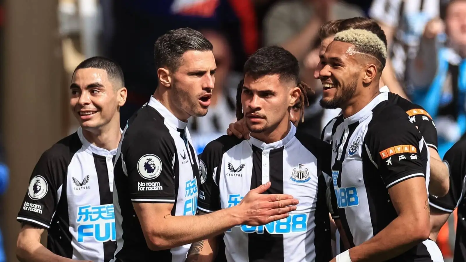 Newcastle players Bruno Guimaraes, Joelinton, Miguel Almiron and Fabian Schar