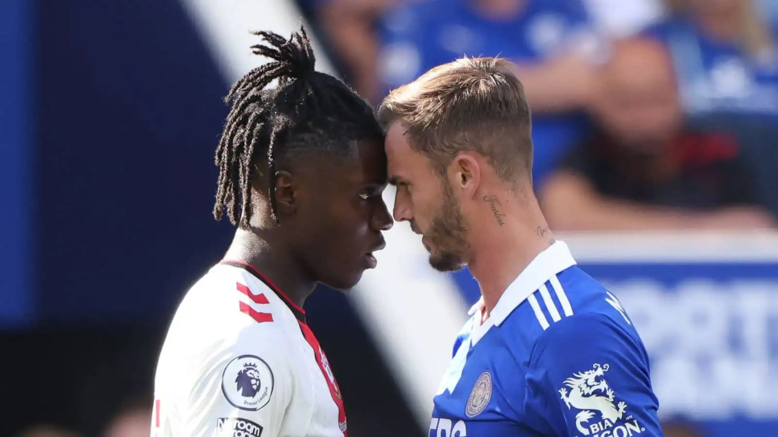 Southampton midfielder Romeo Lavia and Leicester City playmaker James Maddison