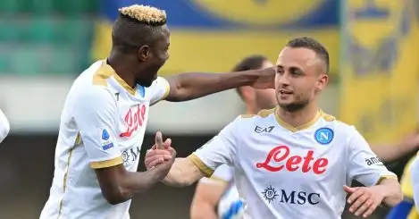Stanislav Lobotka celebrates with Victor Osimhen after Napoli beat Hellas Verona in Serie A