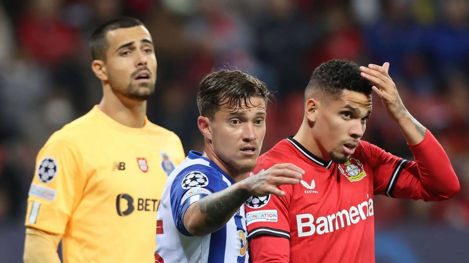 Diogo Costa (Porto), Otavio (Porto), Paulinho (Bayer) during Champions League game in Leverkusen, Germany