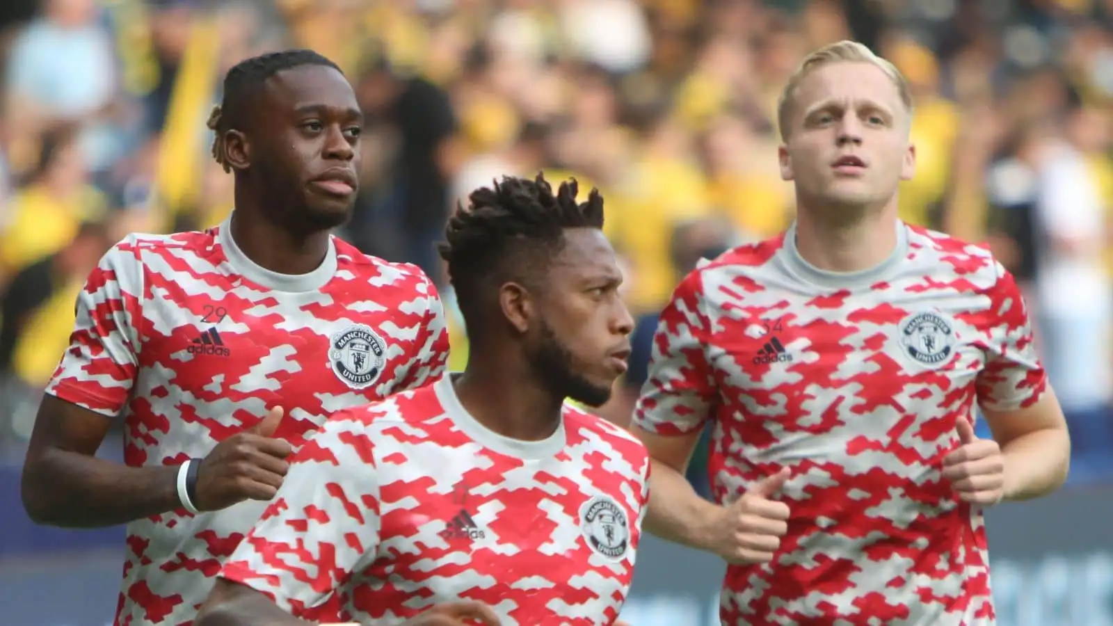 Fred, Aaron Wan-Bissaka and Donny van de Beek of Manchester United during the UEFA Champions League, Group Stage, Group F football match between Young Boys Berne and Manchester United on September 14, 2021 at Stade de Suisse in Berne, Switzerland