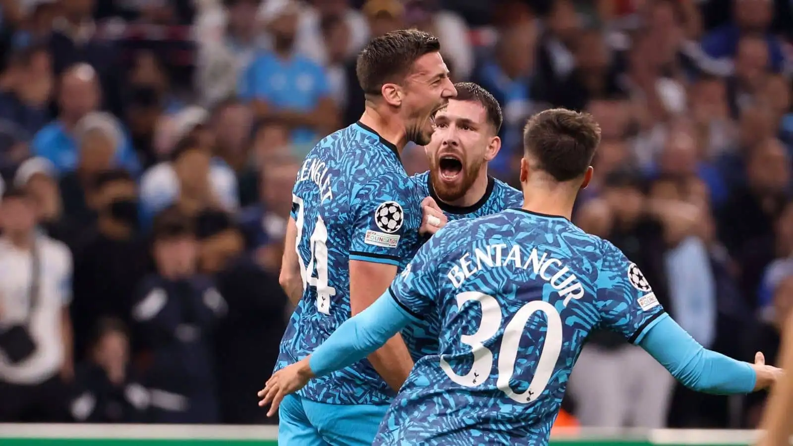 Clement Lenglet, Pierre-Emile Hojbjerg, Rodrigo Bentancur celebrate Tottenham equaliser v Marseille in Champions League Group D at Stade Veledrome