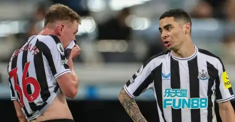 Sean Longstaff #36 of Newcastle United and Miguel Almirón #24 of Newcastle United chat during the Premier League match Newcastle United vs Everton at St. James's Park, Newcastle