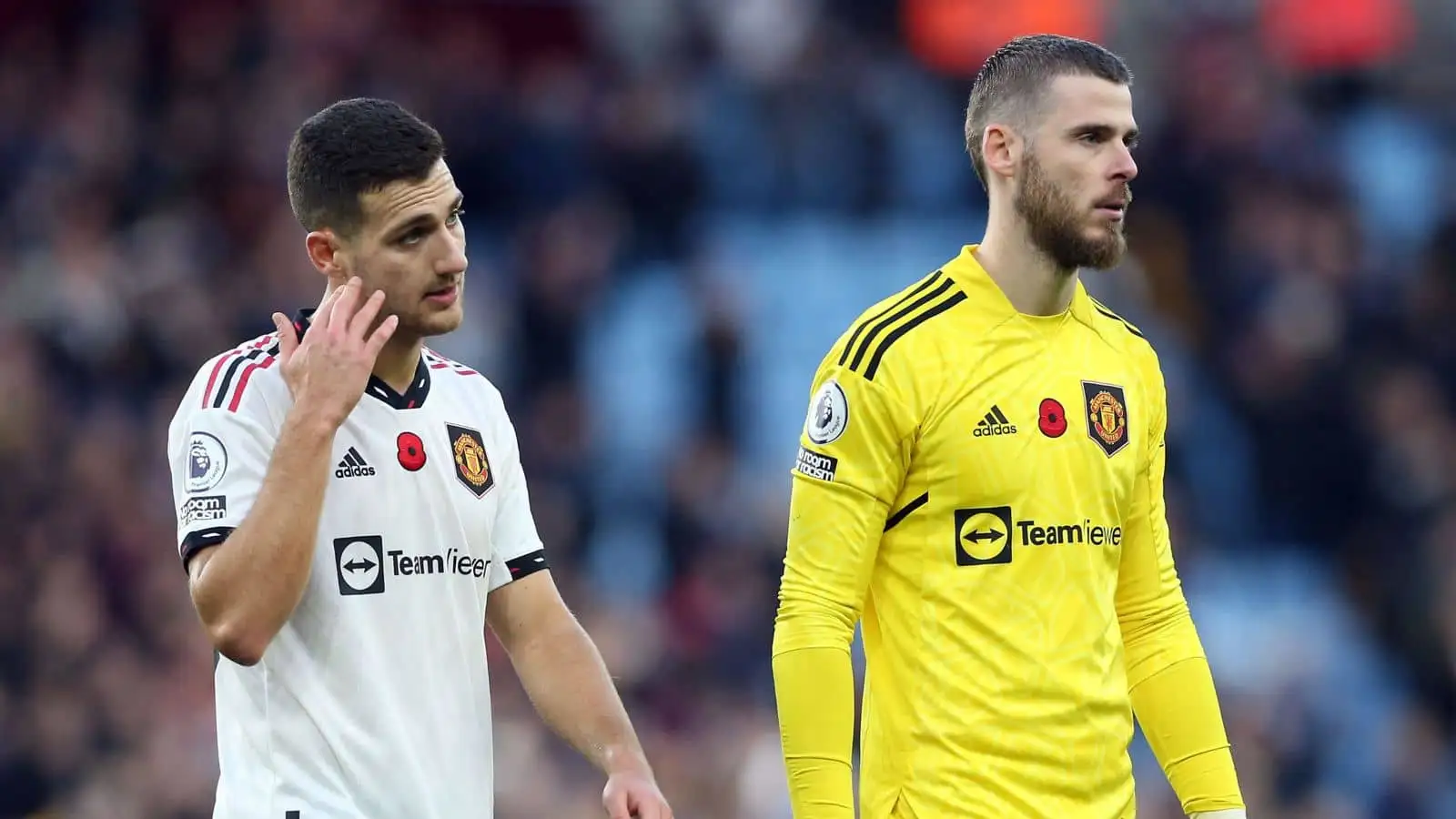 Manchester United goalkeeper David de Gea and Diogo Dalot (left) after the Premier League match at Villa Park, Birmingham