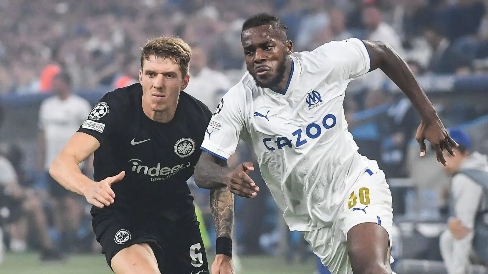 Kristijan Jakic of Eintracht Frankfurt and Nuno Tavares of Marseille during the UEFA Champions League group D match between Olympique de Marseille (OM) and Eintracht Frankfurt at Orange Velodrome Stadium