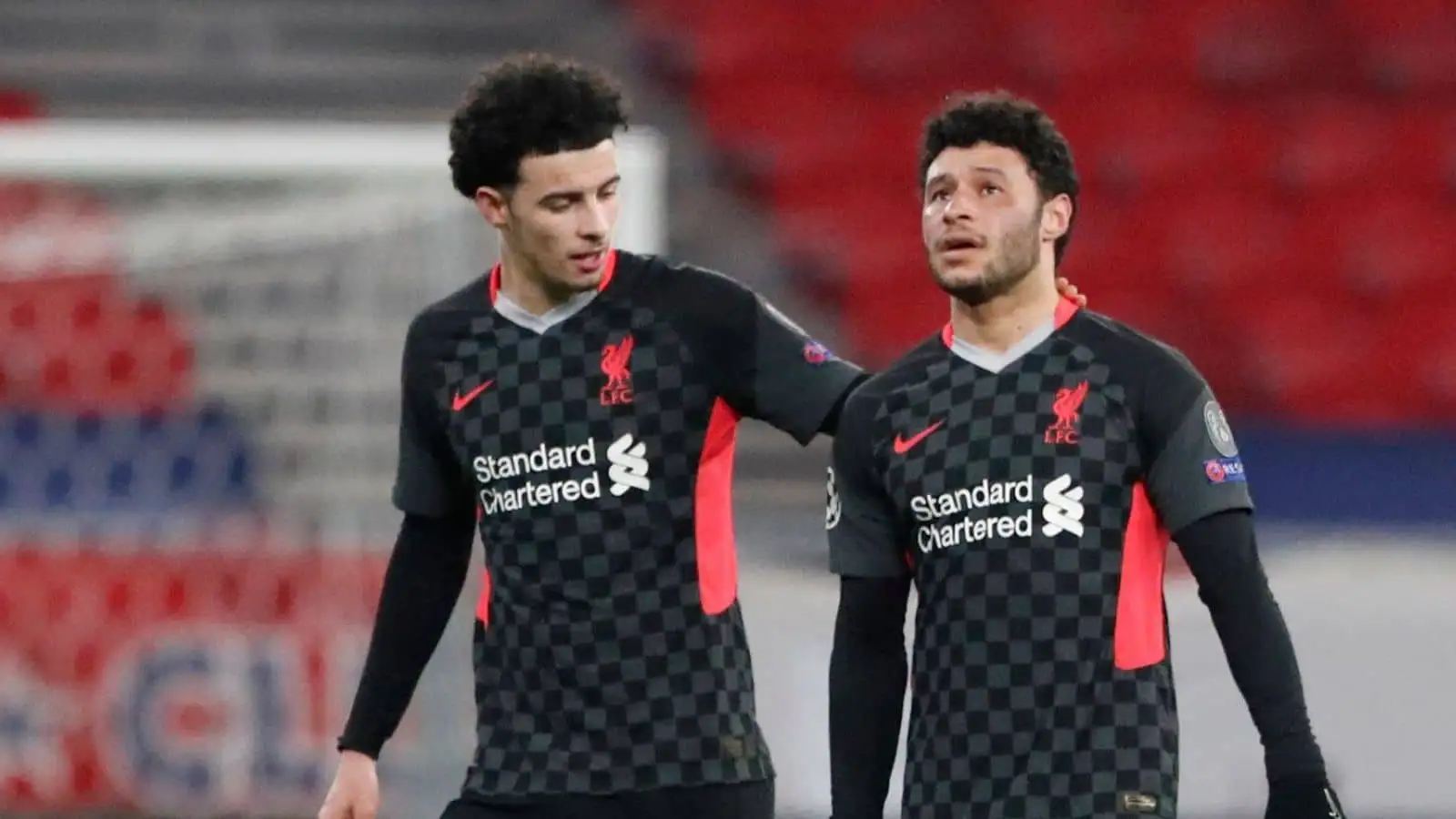 Liverpool's Curtis Jones and Alex Oxlade-Chamberlain, Champions League - Round of 16 First Leg - RB Leipzig v Liverpool - Puskas Arena, Budapest