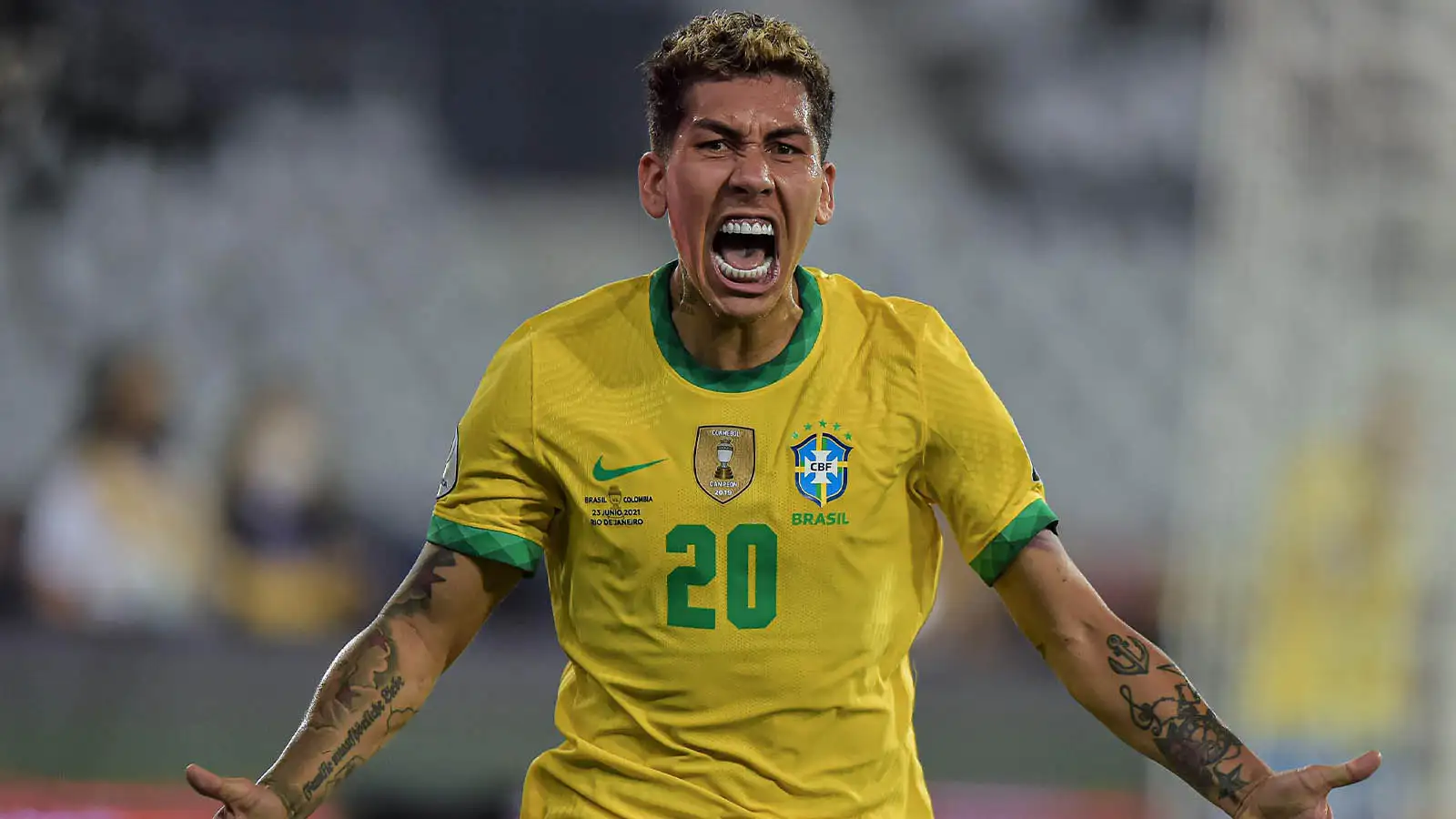 Roberto Firmino Brazil player celebrates his goal during the Group B match between Brazil and Colombia