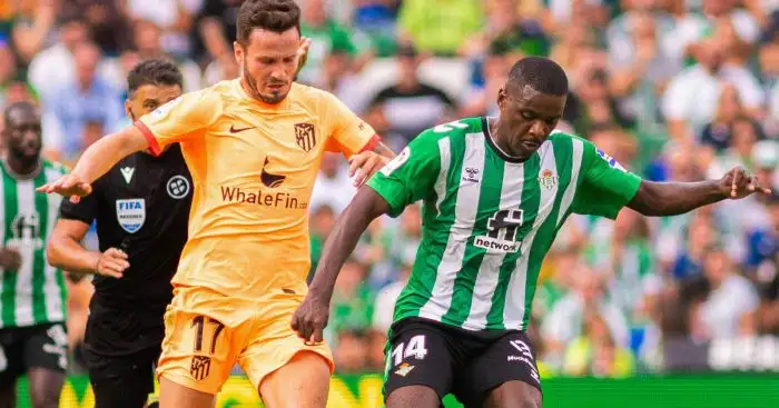 William Carvalho (R) of Real Betis and Saul Niguez (L) of Atletico de Madrid seen in action during the La Liga Santander