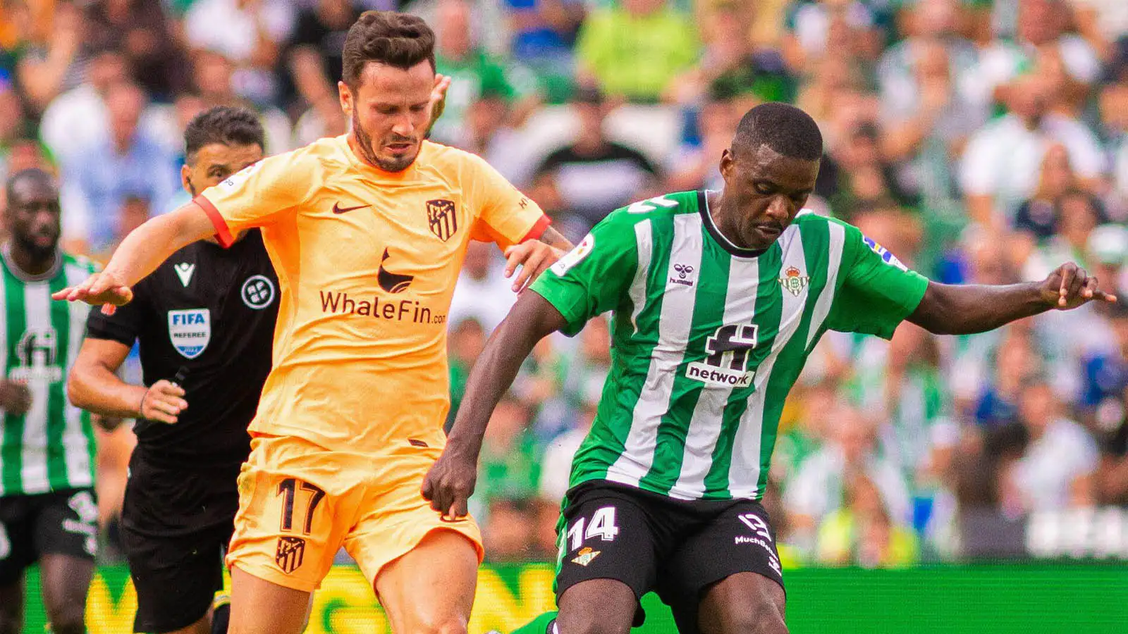 William Carvalho (R) of Real Betis and Saul Niguez (L) of Atletico de Madrid seen in action during the La Liga Santander