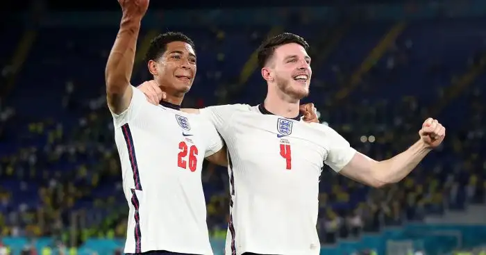 England's Jude Bellingham (left) and Declan Rice celebrate after the UEFA Euro 2020 Quarter Final