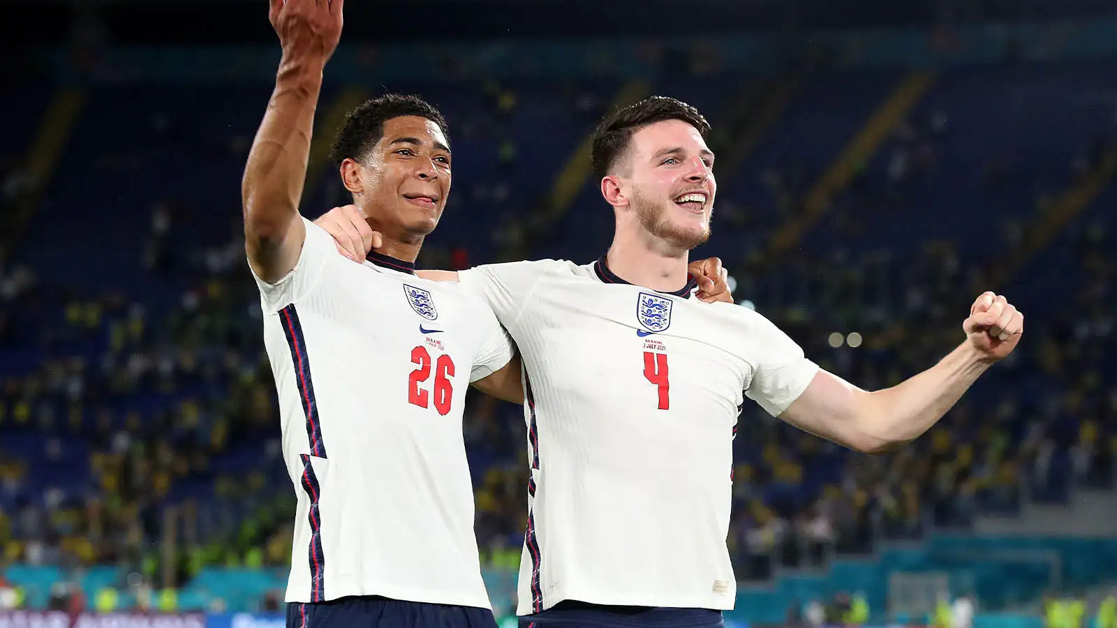 England's Jude Bellingham (left) and Declan Rice celebrate after the UEFA Euro 2020 Quarter Final