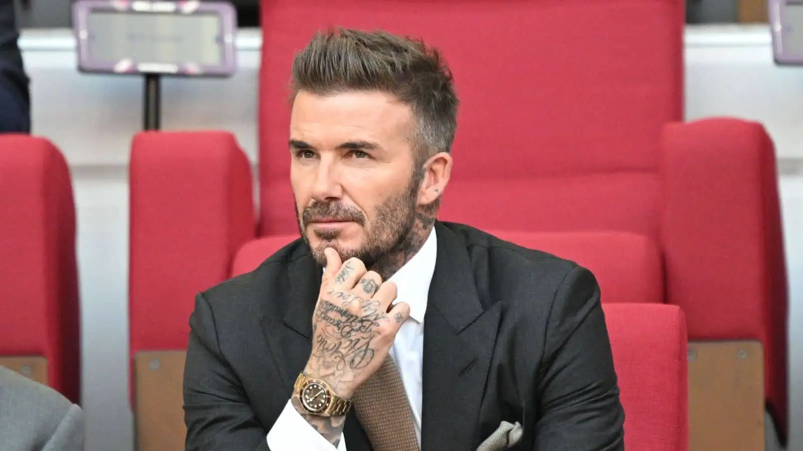 David Beckham is seen inside the stadium before the Group B match between England and Iran at the 2022 FIFA World Cup at Khalifa International Stadium in Doha, Qatar