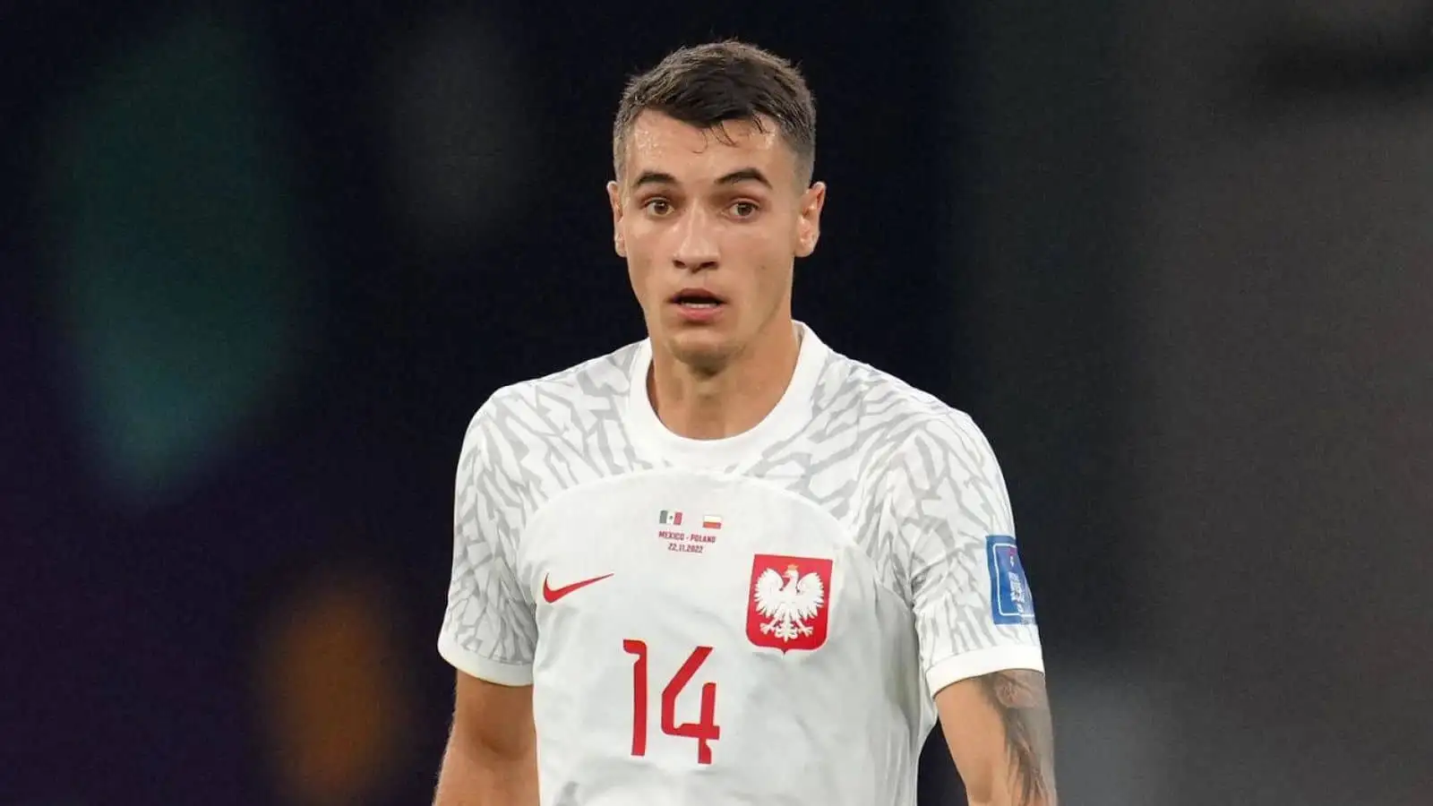 Jakub Kiwior of Poland during the FIFA World Cup Group C match at Stadium 974, Rass Abou Aboud