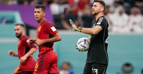 Player of Spain Unai Simón controls the ball during the FIFA World Cup Qatar 2022
