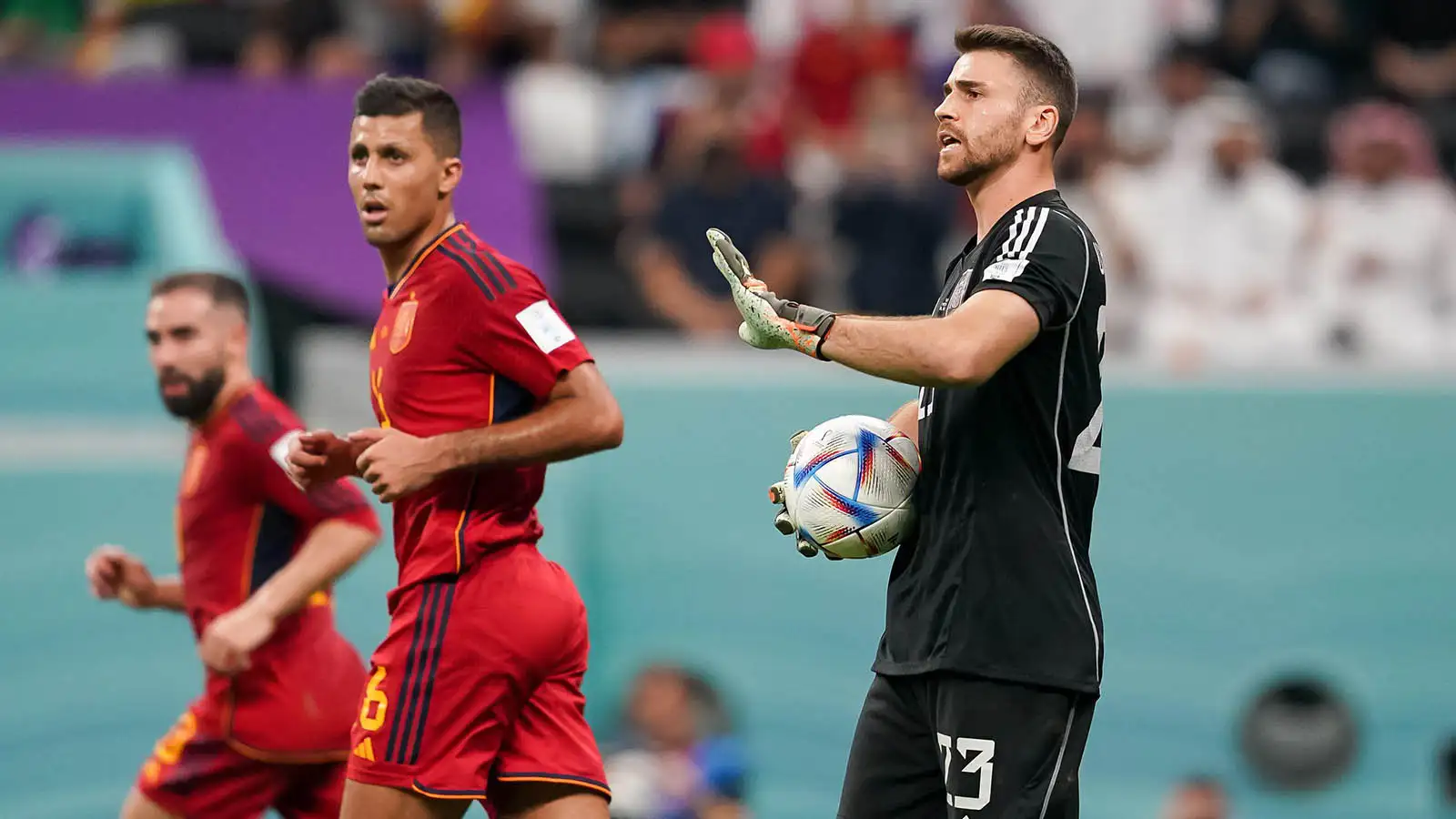Player of Spain Unai Simón controls the ball during the FIFA World Cup Qatar 2022