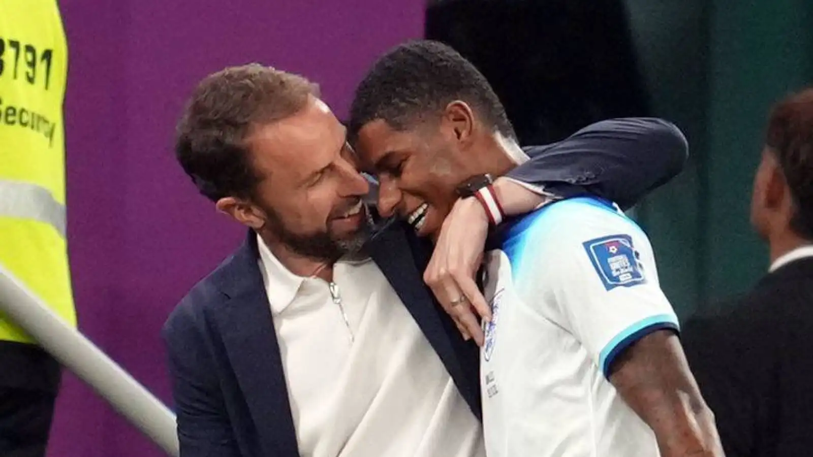 England manager Gareth Southgate and forward Marcus Rashford during the 3-0 World Cup win over Wales