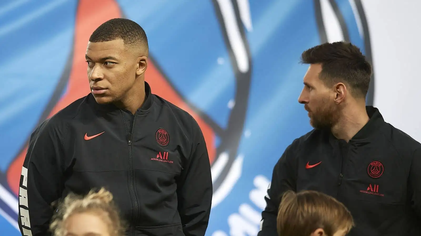 Kylian Mbappe and Leo Messi of PSG during the Ligue 1 Uber Eats match between Paris Saint Germain and FC Nantes at Parc des Princes on November 20, 2021 in Paris