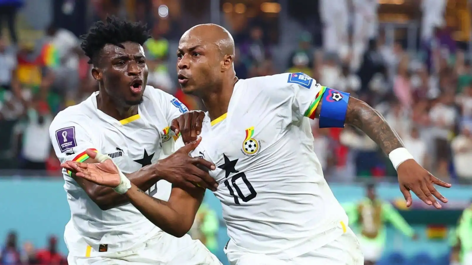 Mohammed Kudus, Andre Ayew, Ghana, celebrate a goal at the FIFA World Cup in Doha, Qatar